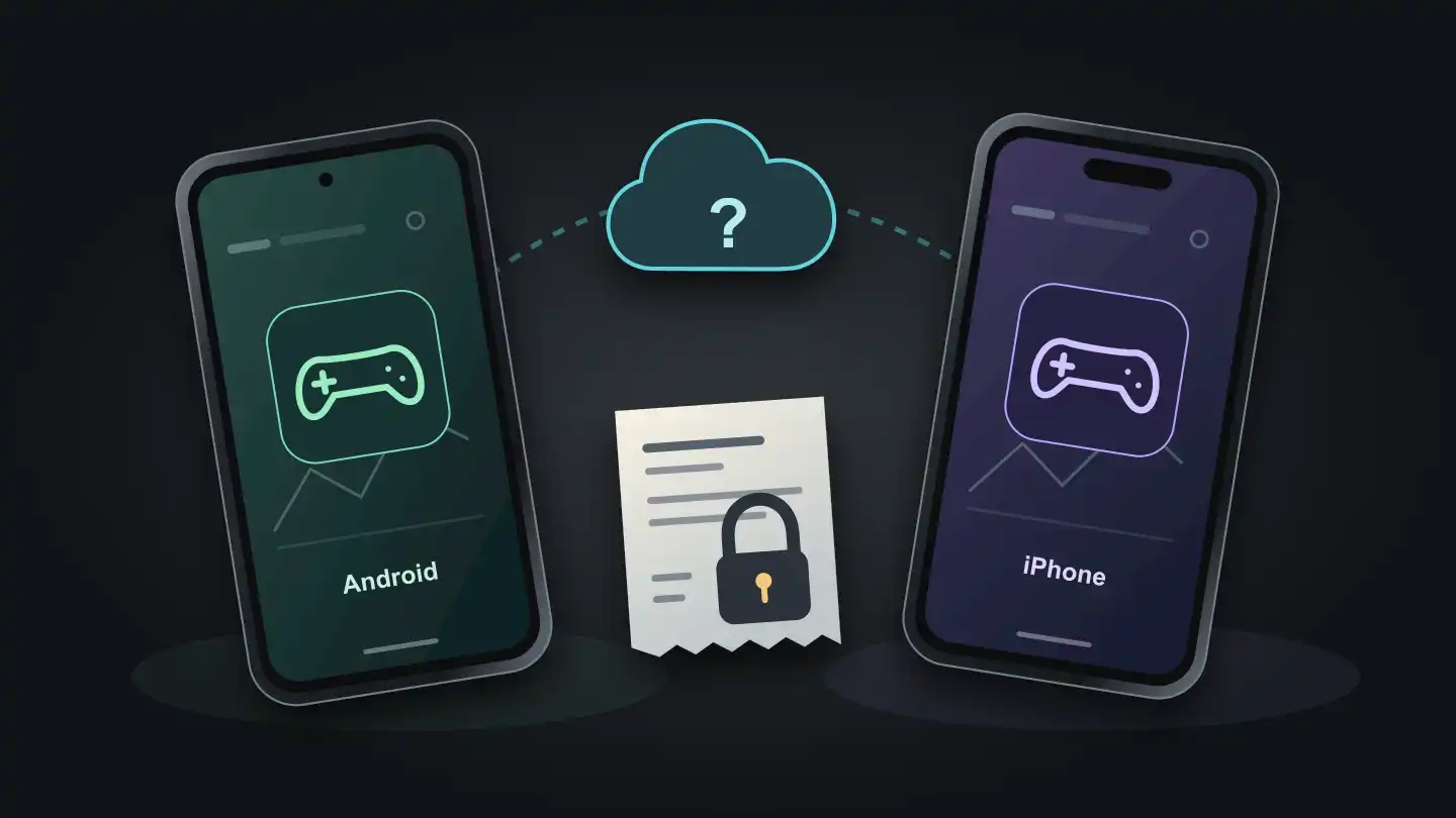 Android and iPhone with matching game symbols, a cloud question mark, and a locked purchase receipt between them
