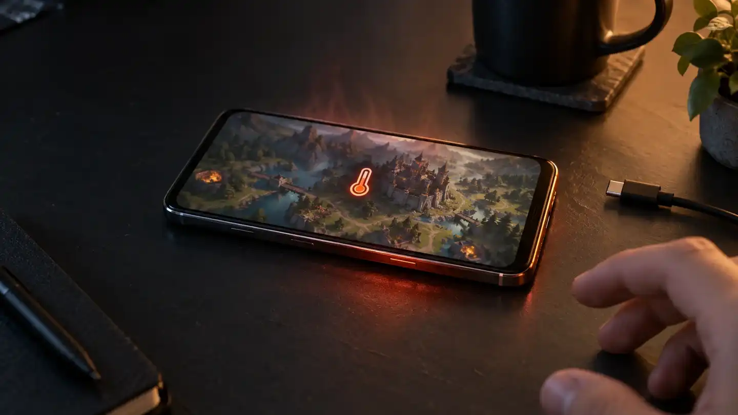 A landscape phone showing a thermometer warning, with heat shimmer and an unplugged cable nearby