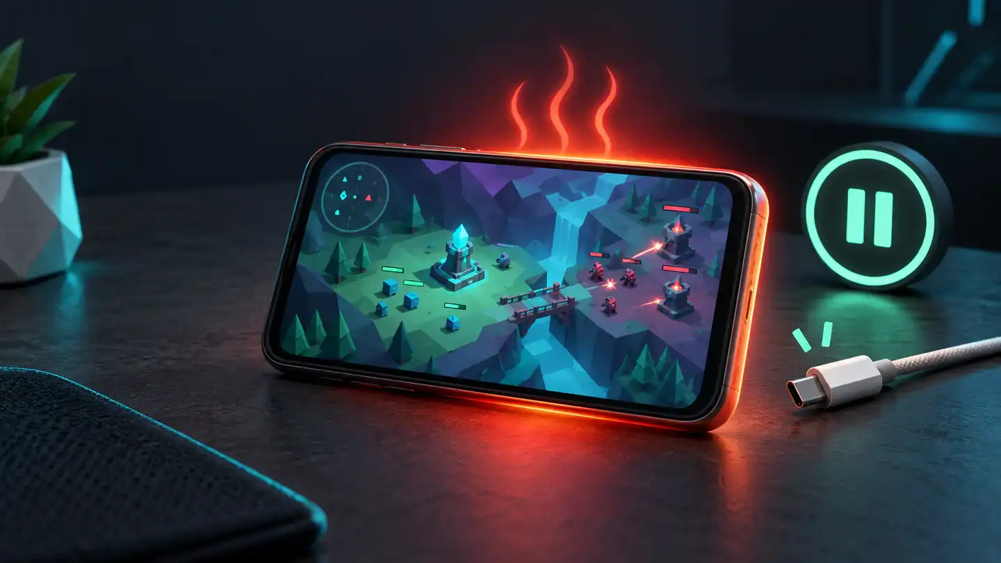 A hot gaming phone beside an unplugged charging cable and a glowing pause control