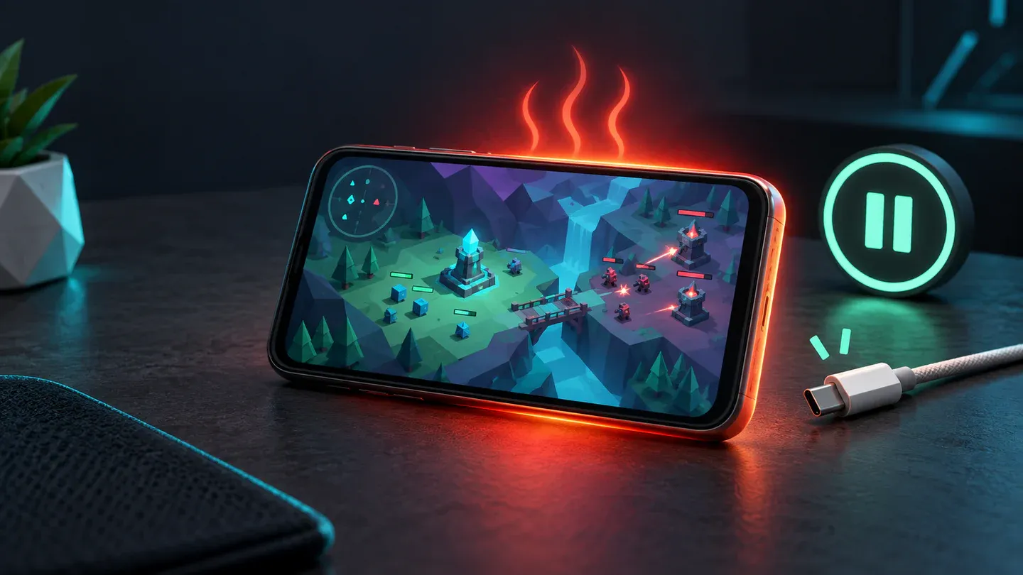 A hot gaming phone beside an unplugged charging cable and a glowing pause control
