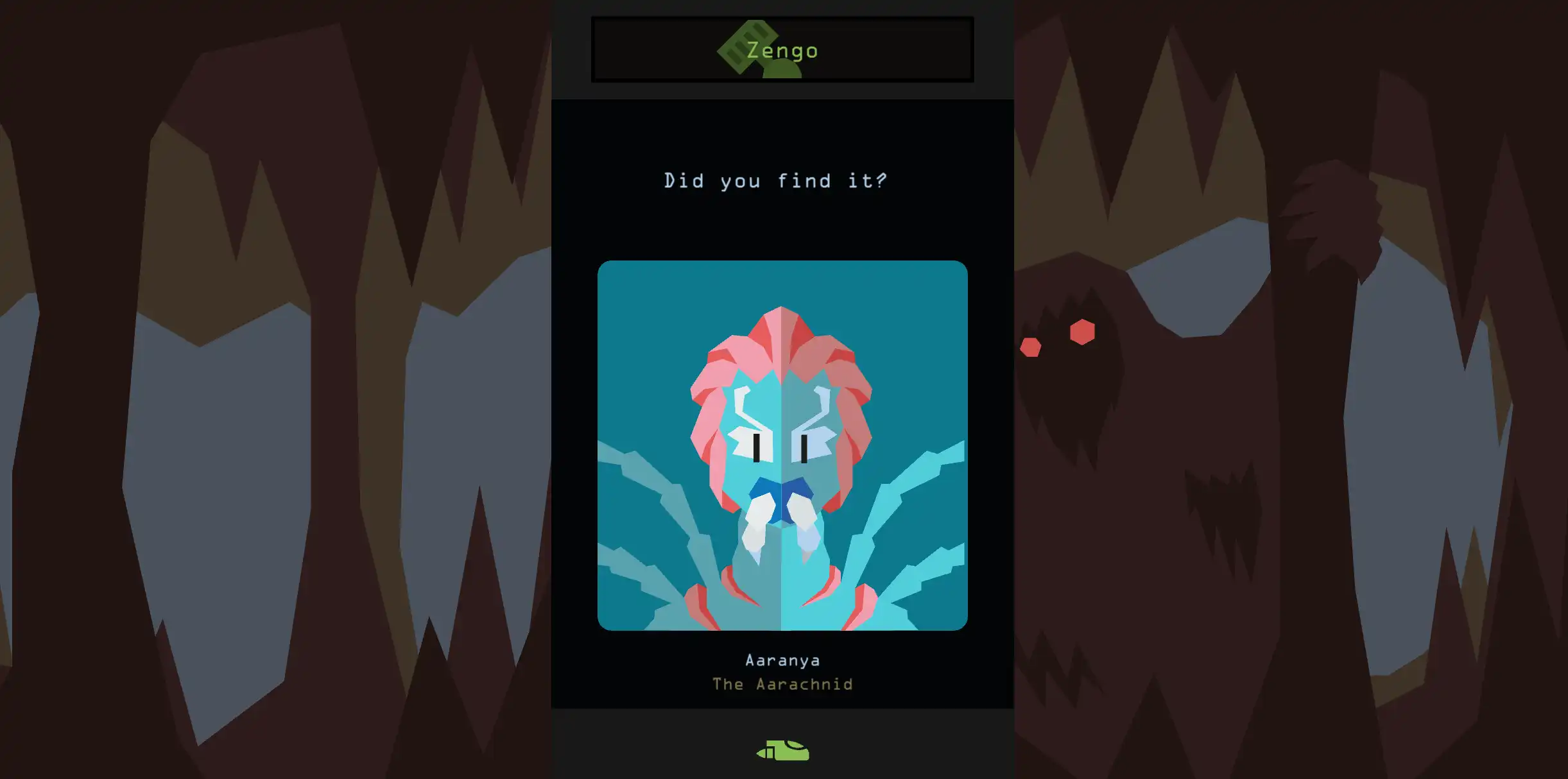 Reigns: Beyond decision card featuring Aaranya the Aarachnid inside a cave