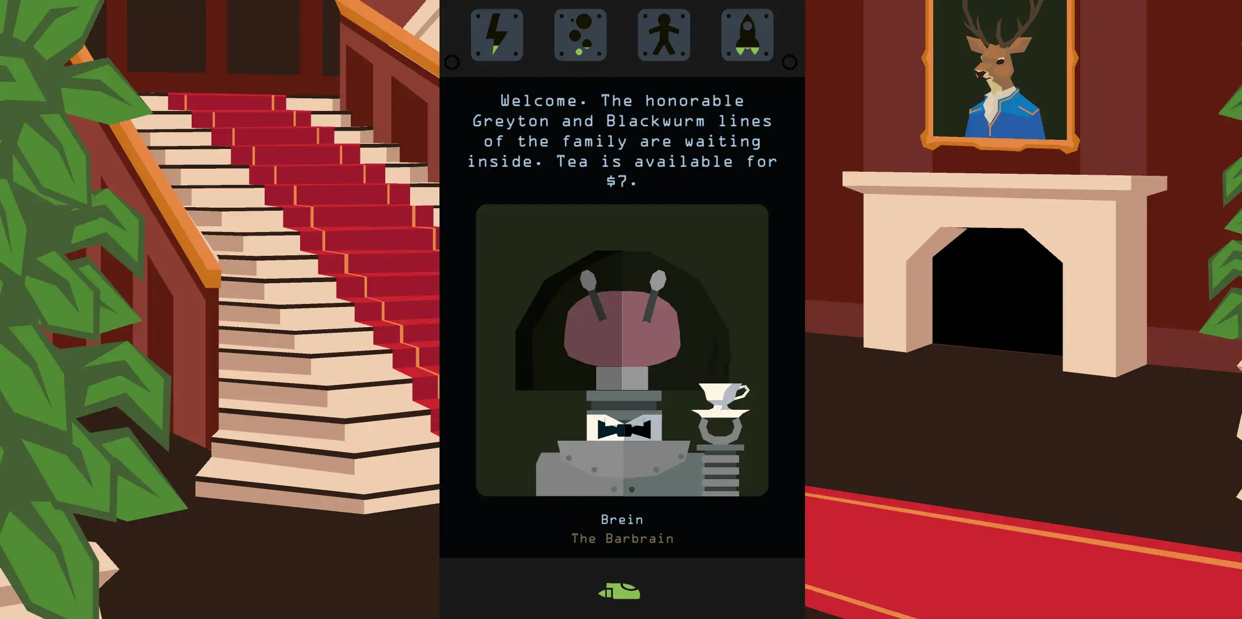 Reigns: Beyond decision card featuring Brein the Barbrain inside an ornate estate