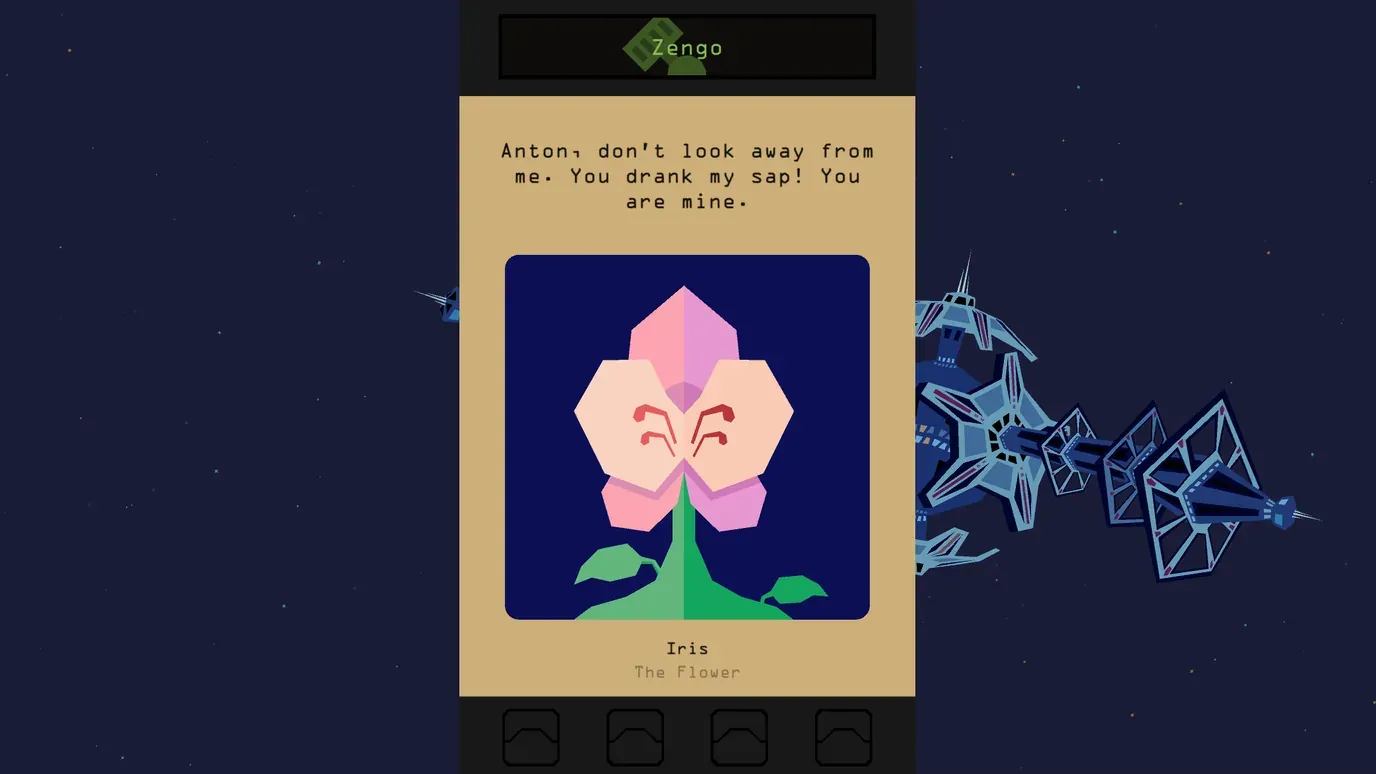 Reigns Beyond decision card showing Iris the Flower aboard a spaceship