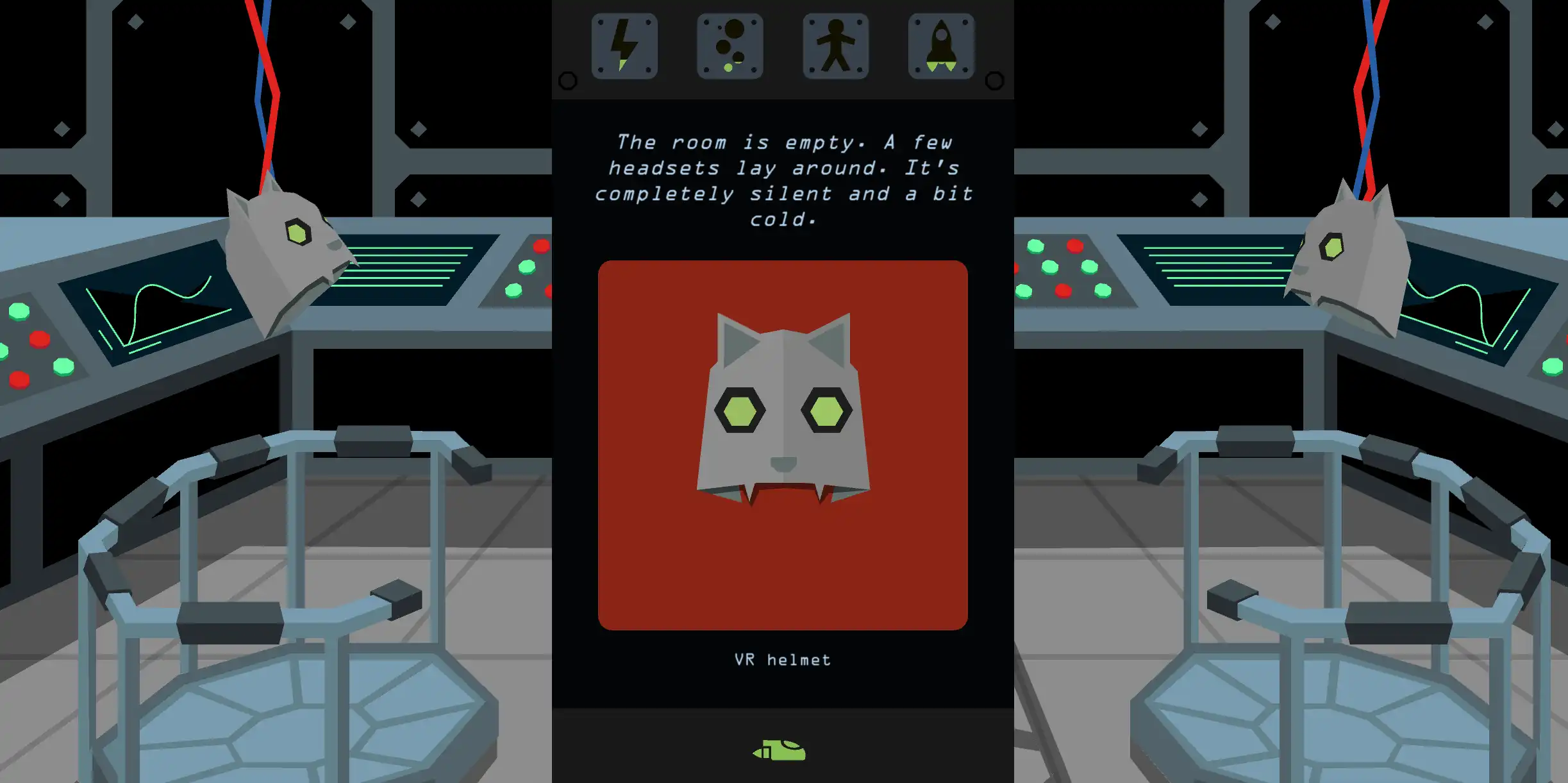 Reigns: Beyond VR helmet decision card on an empty spaceship bridge