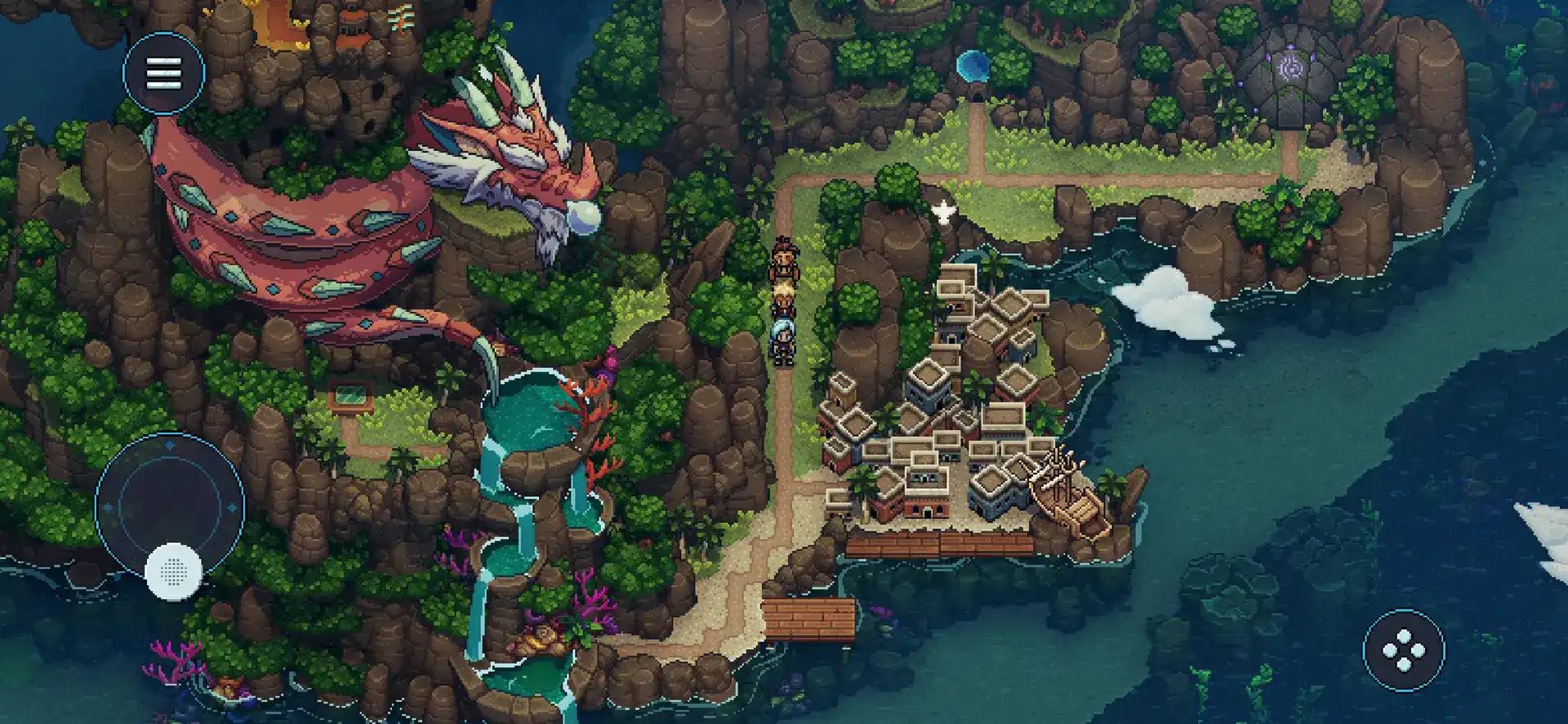 Sea of Stars party explores a coastal island with mobile touch controls visible