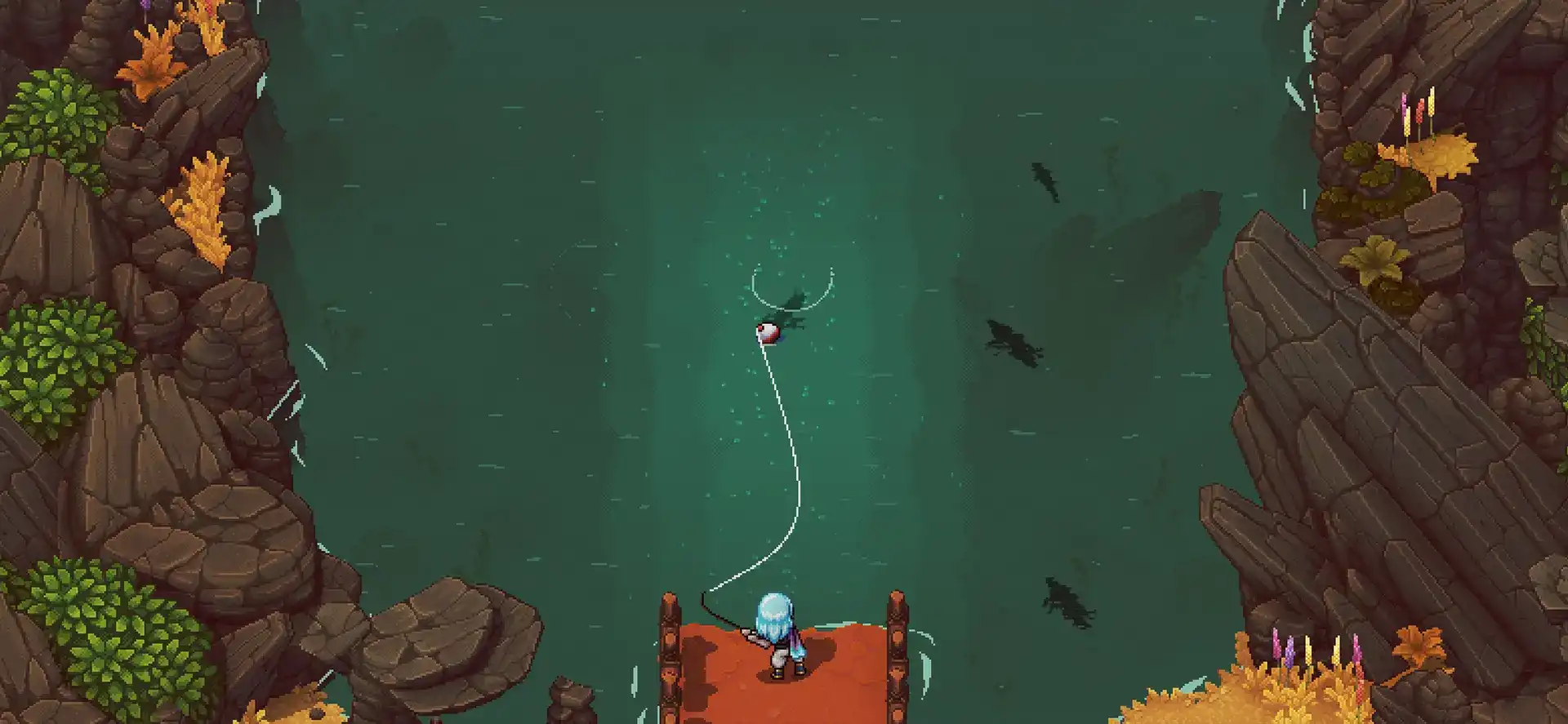 Valere fishes from a dock in the Sea of Stars mobile fishing minigame
