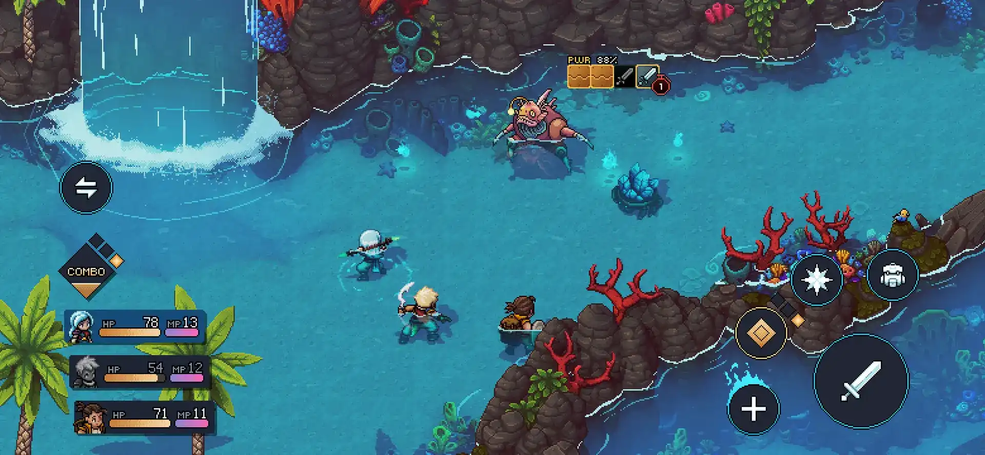 Sea of Stars battle on mobile showing enemy locks and the touchscreen combat controls