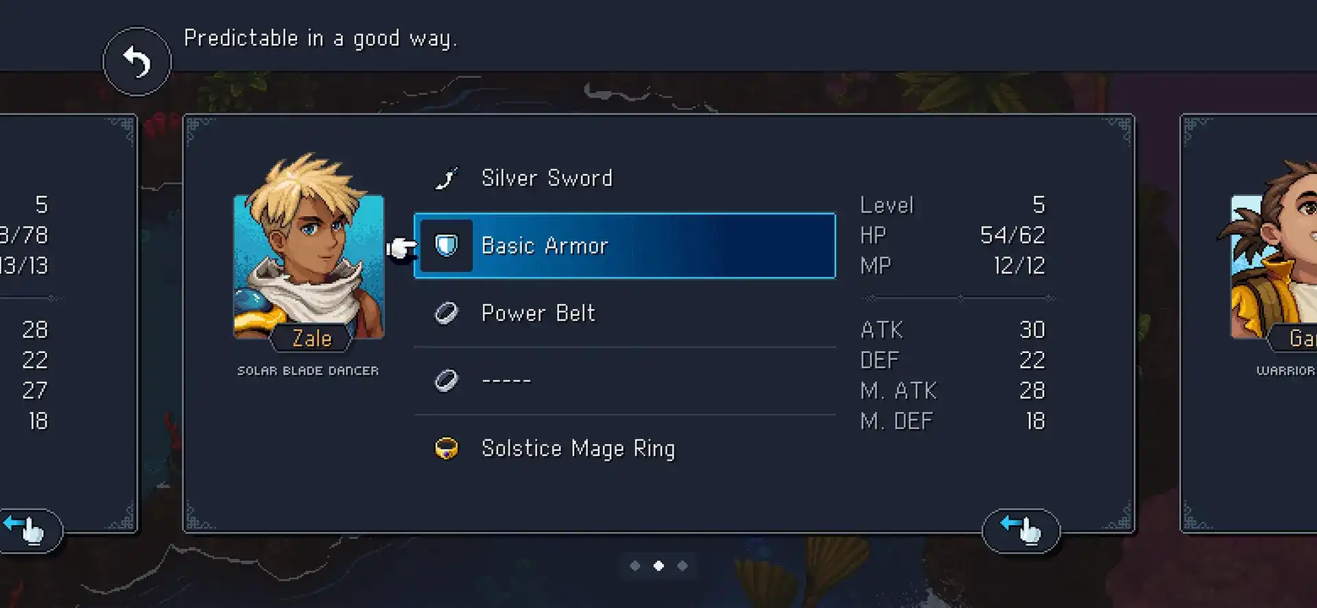 Sea of Stars mobile equipment menu showing Zale's armor and accessories