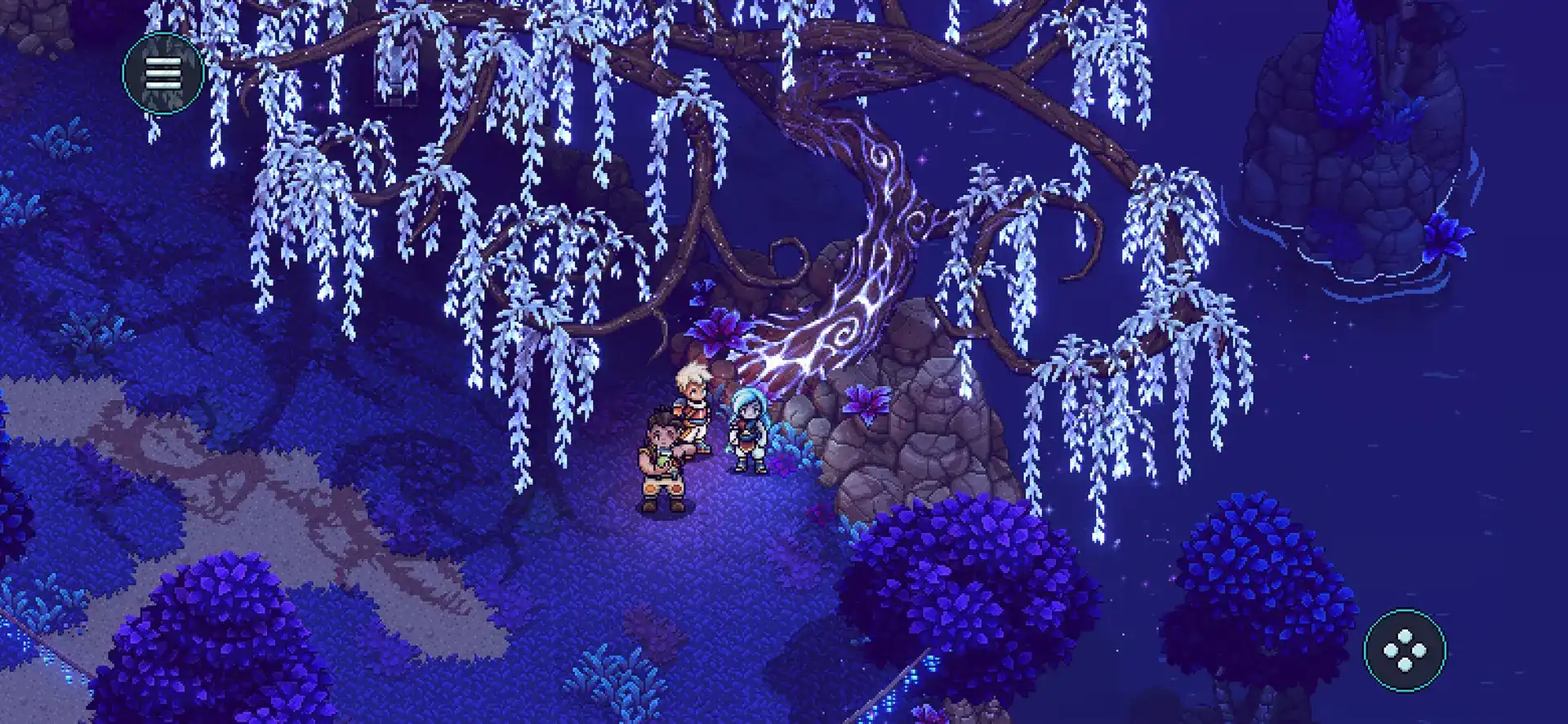 Sea of Stars characters stand beneath a glowing tree with mobile buttons visible