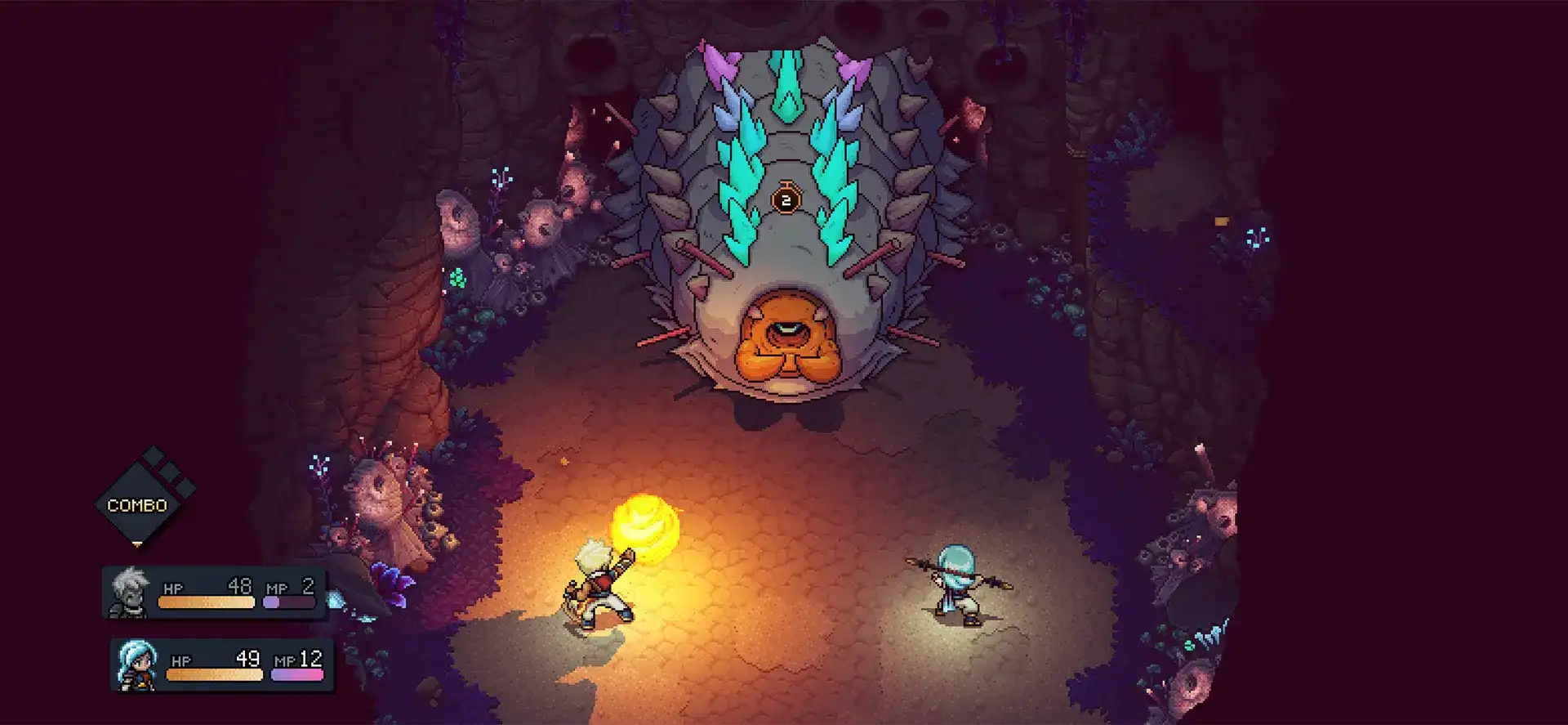 Valere and Zale battle a large monster in Sea of Stars on mobile