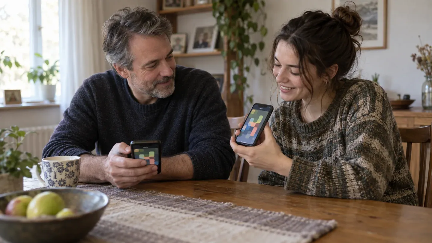 A parent and adult daughter compare the same fictional puzzle game on separate phones at home