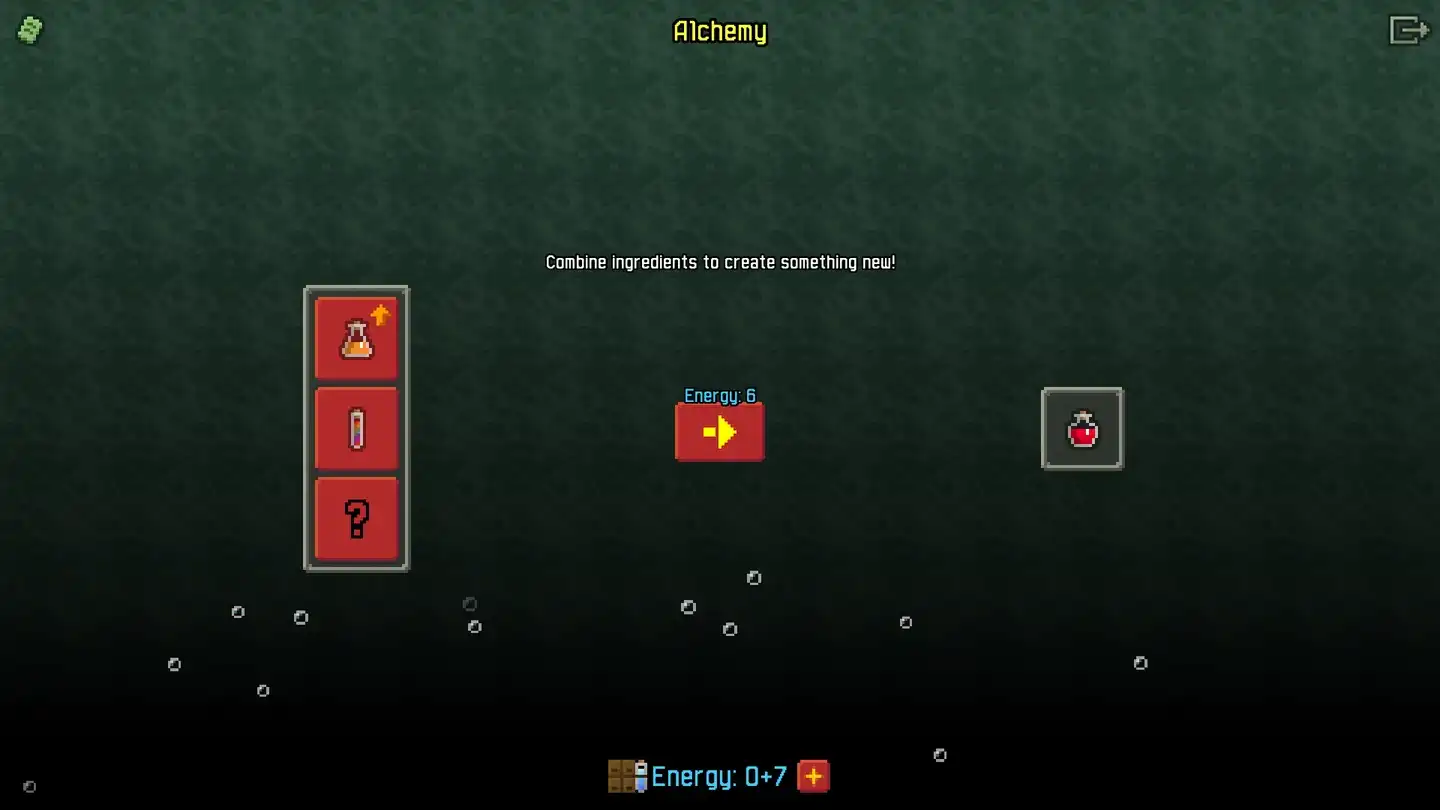 Shattered Pixel Dungeon alchemy interface showing ingredients, an energy cost, and a potion result