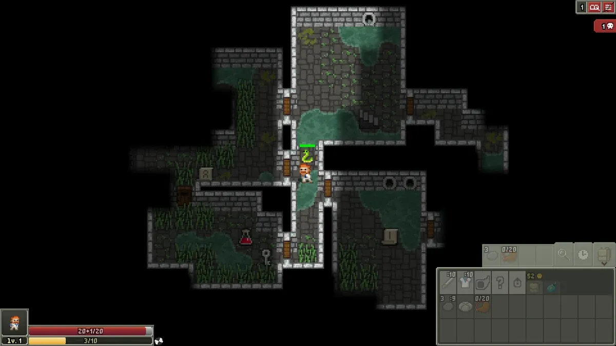 Shattered Pixel Dungeon promotional screenshot of a Warrior facing a snake beside a sewer doorway