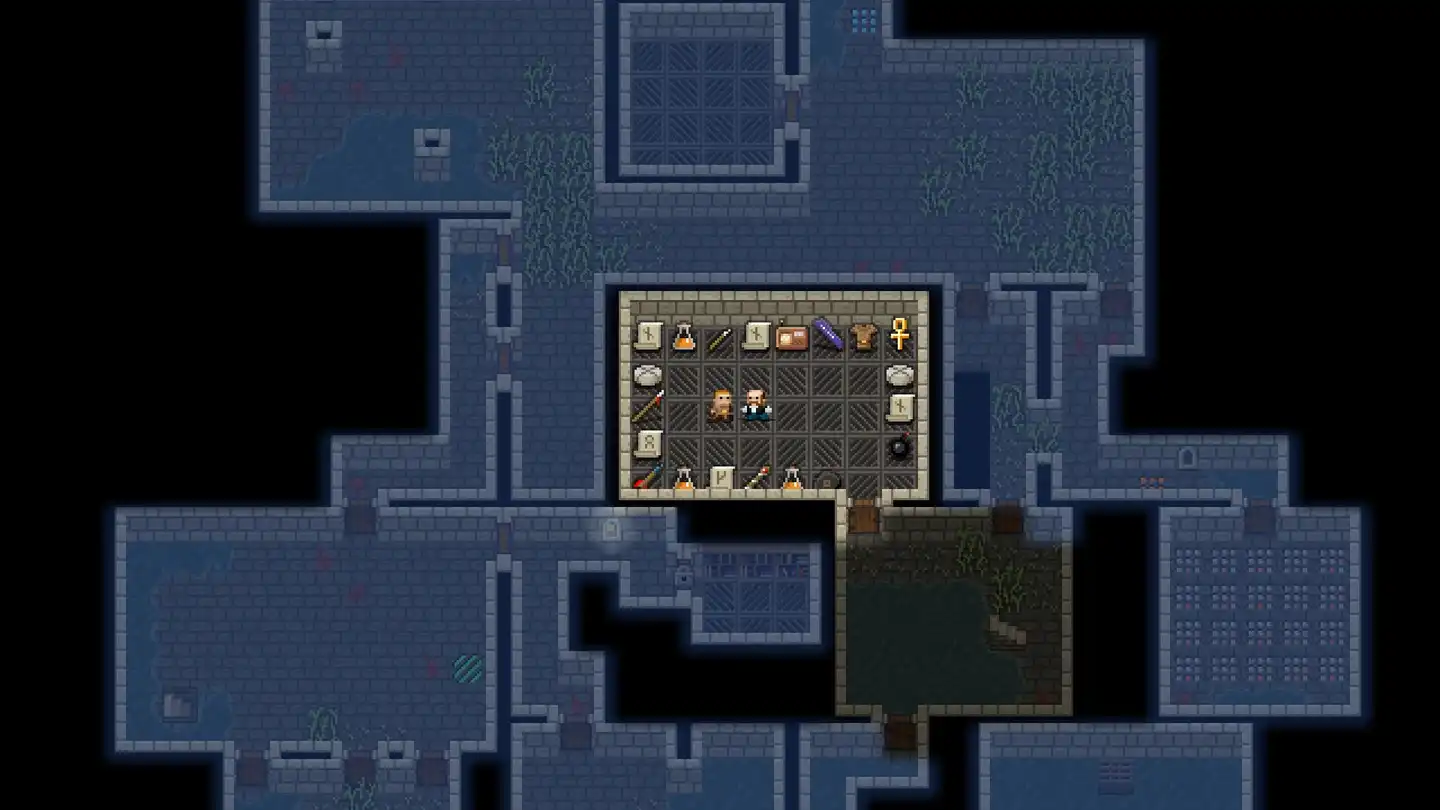 A shopkeeper surrounded by potions, equipment, and supplies in a Shattered Pixel Dungeon prison room