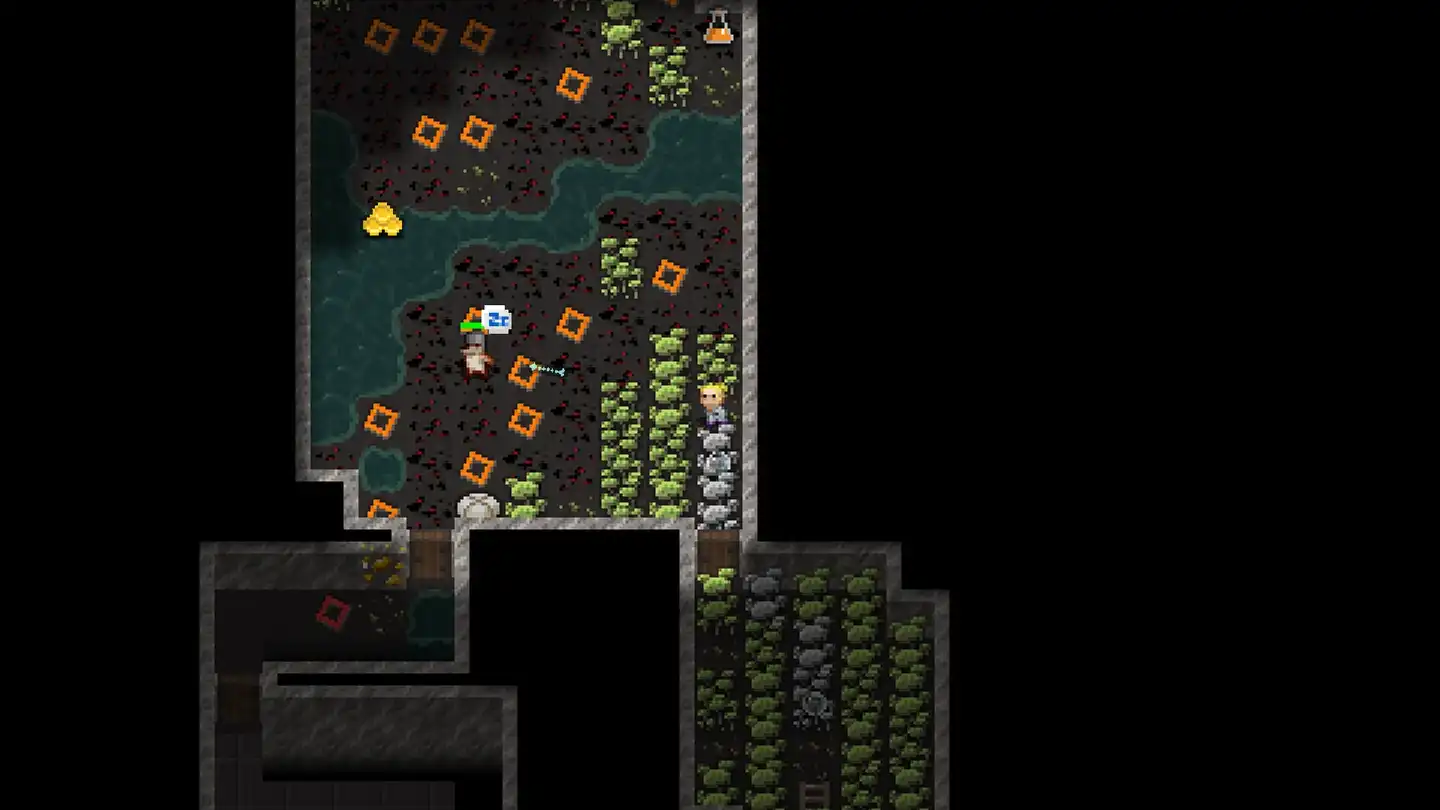 A ranged attack crosses a room lined with visible orange traps in Shattered Pixel Dungeon