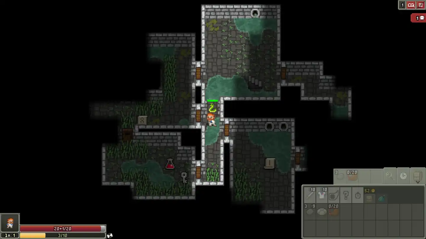 Warrior facing a snake beside a doorway in Shattered Pixel Dungeon's sewer region