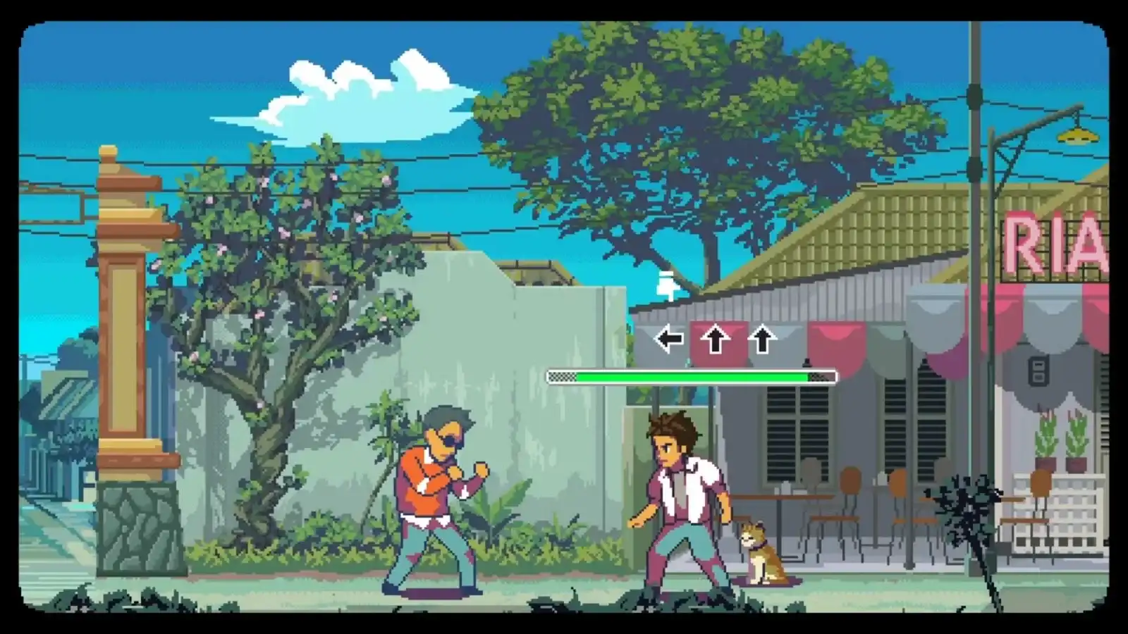 Atma facing two opponents during a timing-based street fight