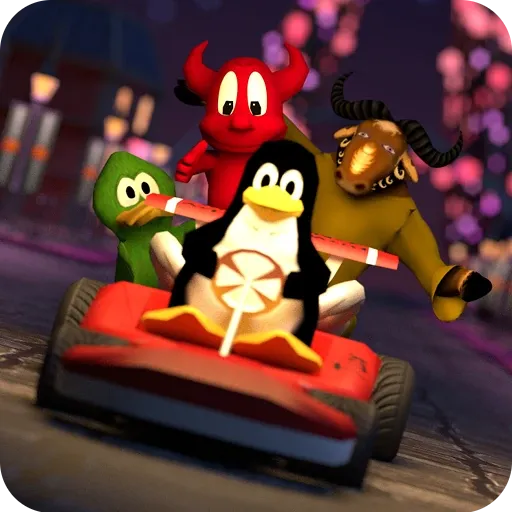 SuperTuxKart Android app icon with Tux racing a red kart ahead of three rival mascots