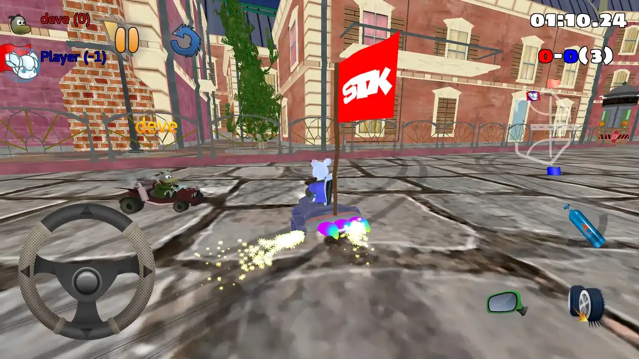 Two SuperTuxKart racers contesting a red flag on a city battle arena with touch controls visible