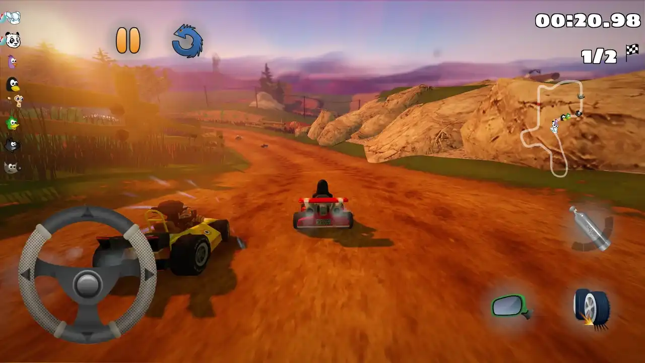 SuperTuxKart Android race at sunset with two rival karts, touch steering, item controls, and a minimap