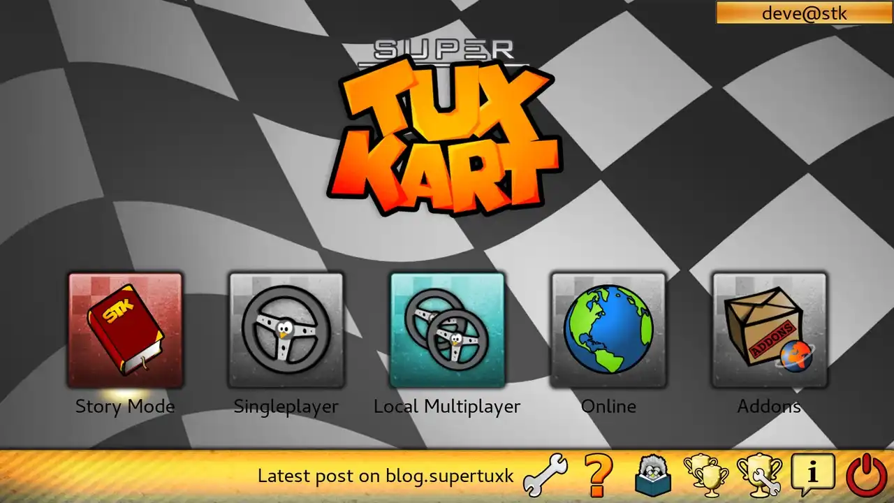 SuperTuxKart main menu with Story Mode, Singleplayer, Local Multiplayer, Online, and Addons choices