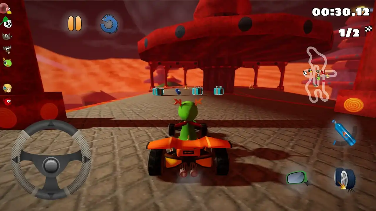 Konqi racing through a red lava-themed SuperTuxKart track toward item gift boxes on Android