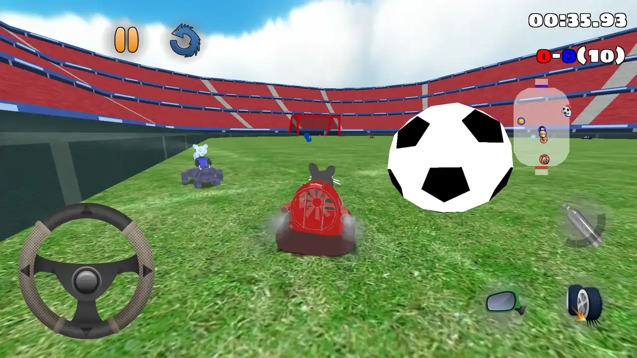Two karts pushing a giant soccer ball toward a goal in SuperTuxKart's stadium mode on Android