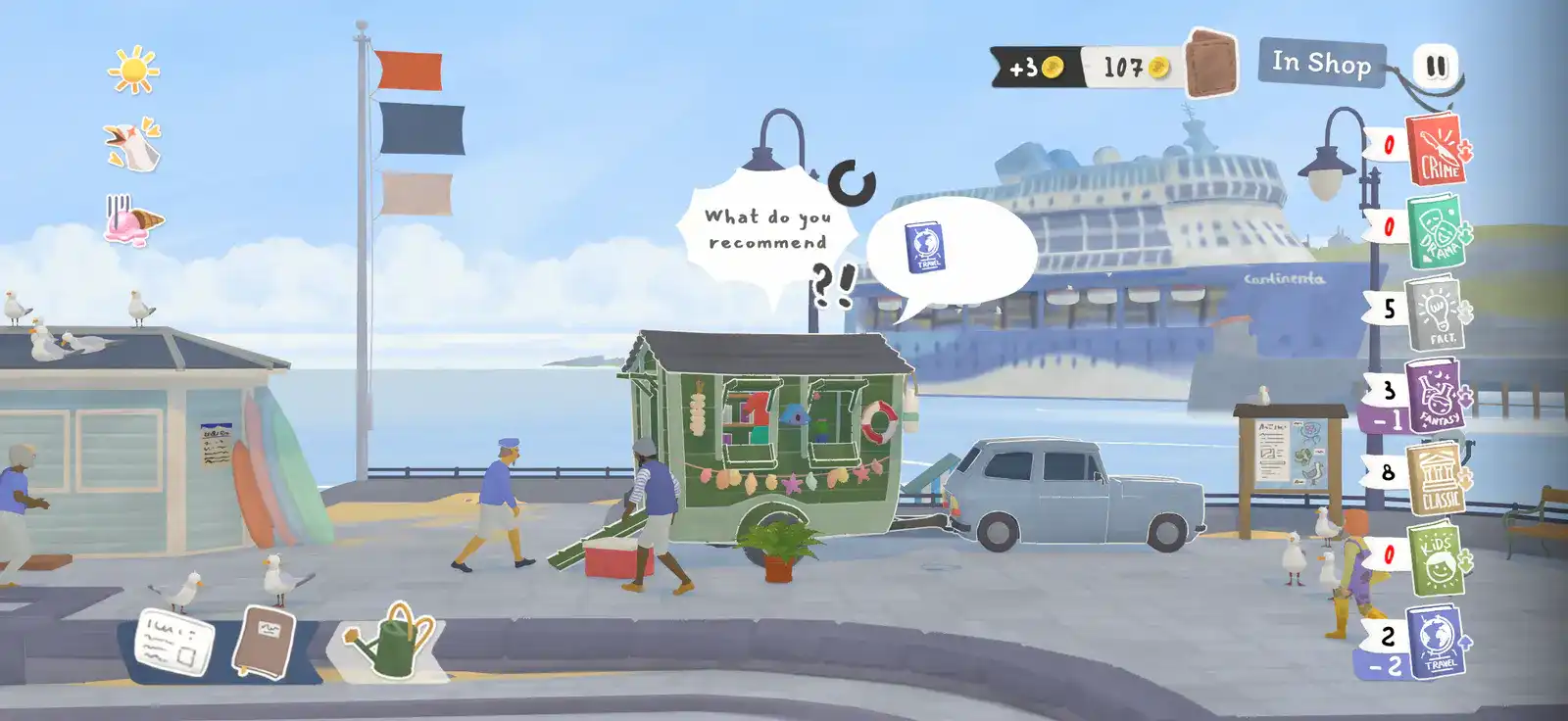 Tiny Bookshop trailer at the harbour with a customer waiting for a travel-book recommendation