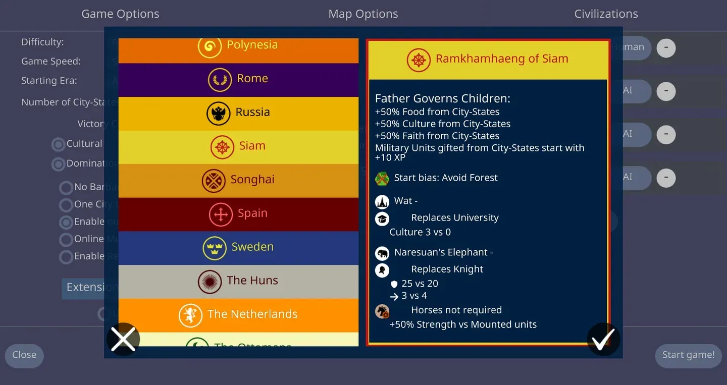 Unciv new game screen showing Game Options, Map Options, and Civilizations columns with the nation picker open on Siam