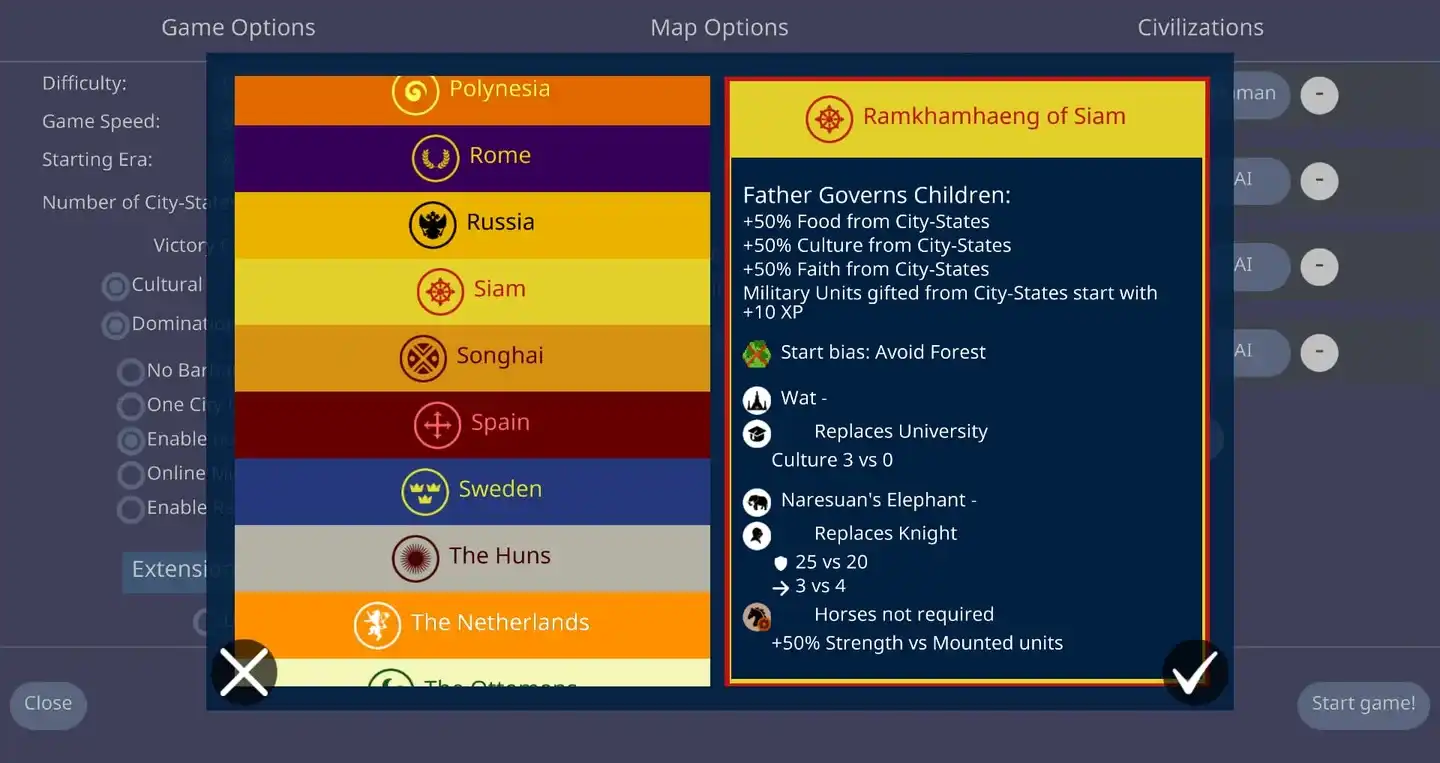 Unciv new game screen showing Game Options, Map Options, and Civilizations columns with the nation picker open on Siam