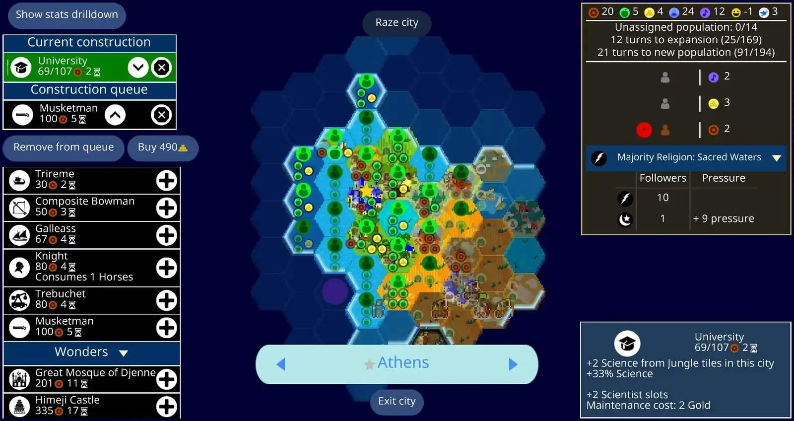 Unciv city screen showing construction choices, tile workers, religion, population, and a university queue