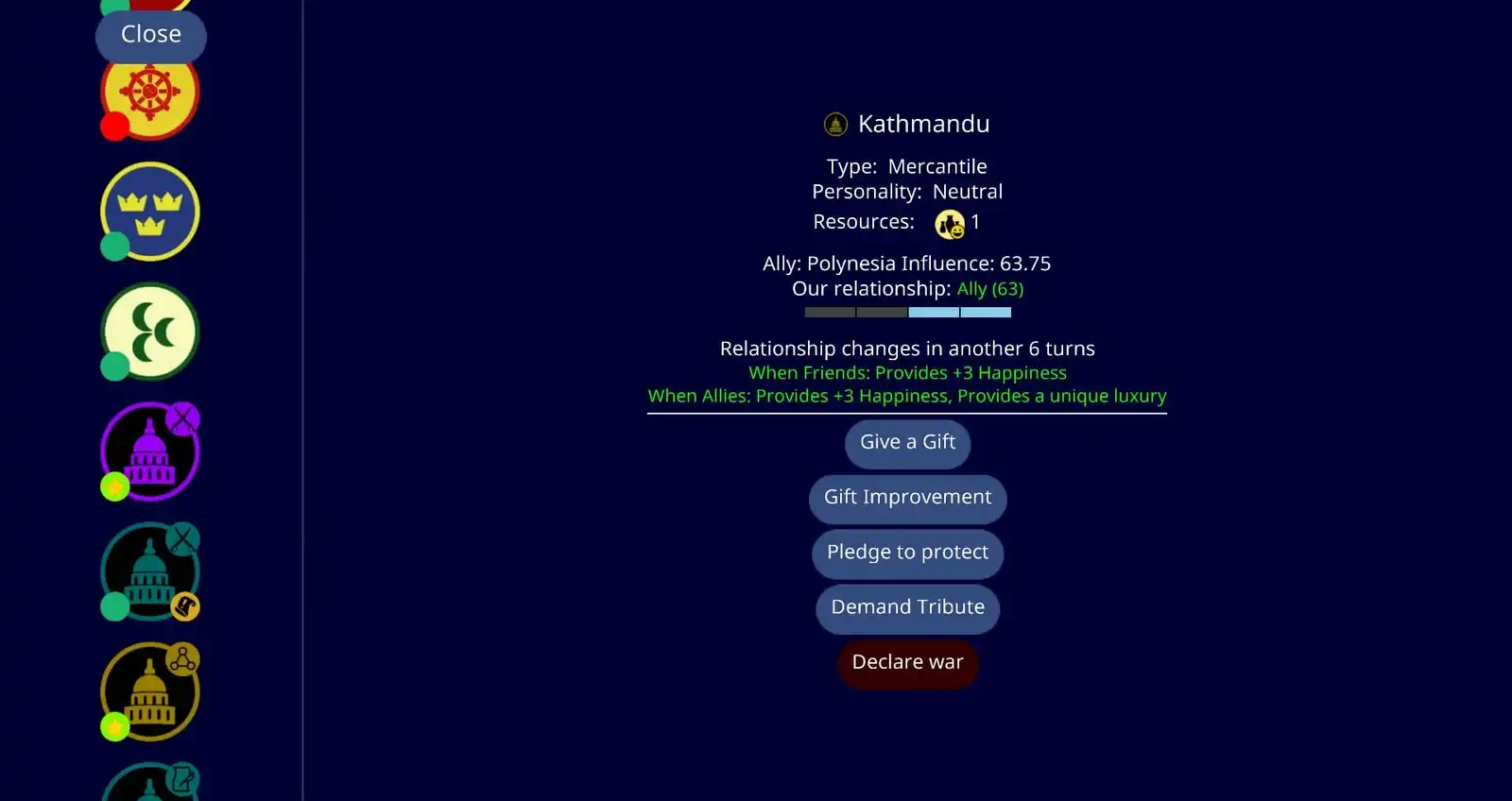 Unciv diplomacy screen showing Kathmandu's relationship status and options for gifts, protection, tribute, or war