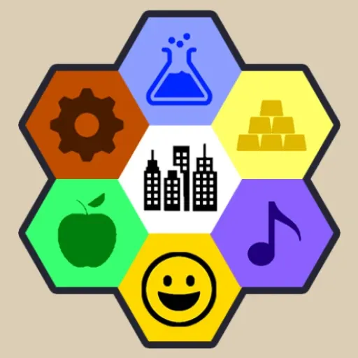 Unciv app icon made from seven hexagons representing production, science, gold, culture, happiness, food, and a city