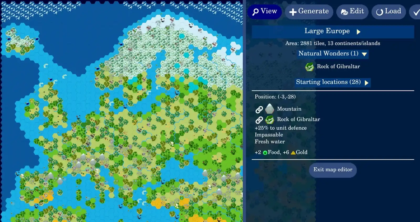 Unciv map editor showing a large snowy Europe map with terrain and starting-location controls