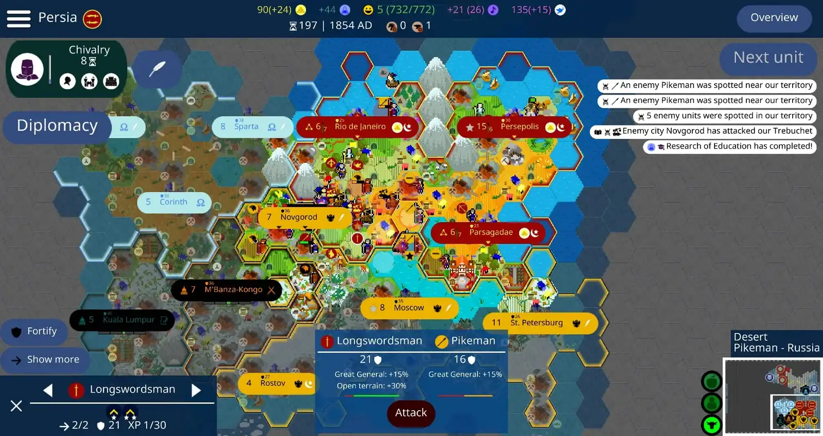 Crowded Unciv world map with cities, units, resources, combat information, research, and notifications