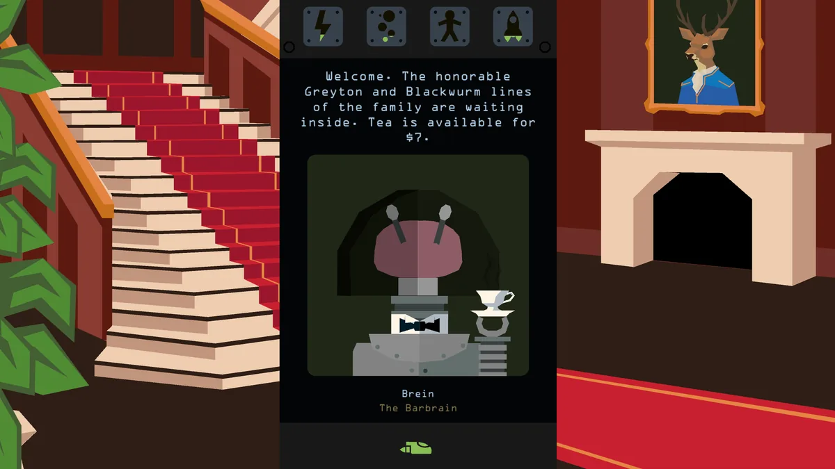 Reigns Beyond decision card featuring Brein the Barbrain inside an ornate estate