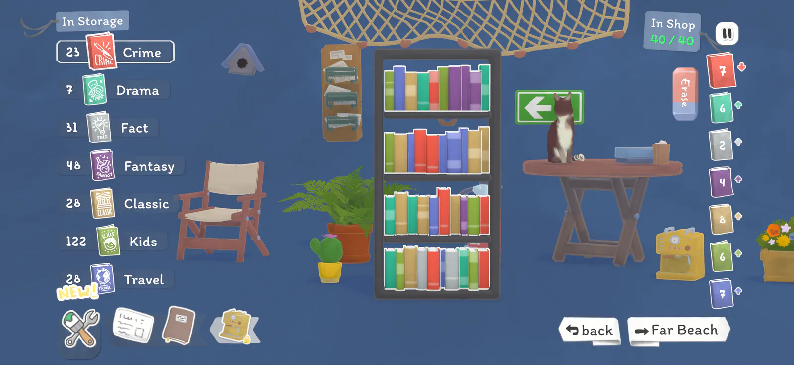 Tiny Bookshop stocking screen showing book counts by genre and four shelves inside the trailer