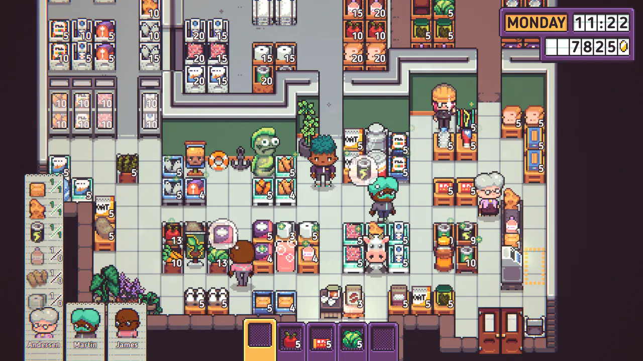 Discounty supermarket interior with stocked aisles, customers, and a checkout counter