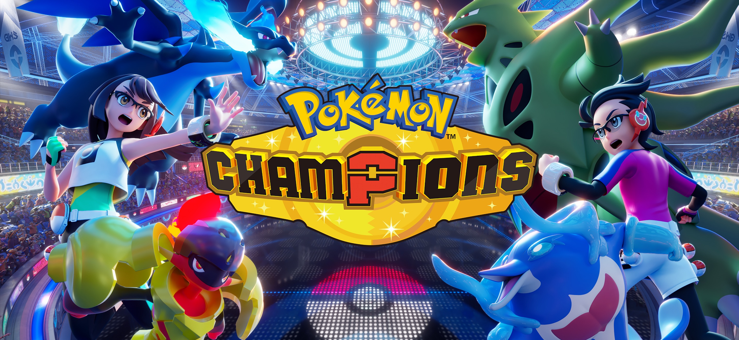 Pokémon Champions key visual with trainers and Pokémon inside a battle arena