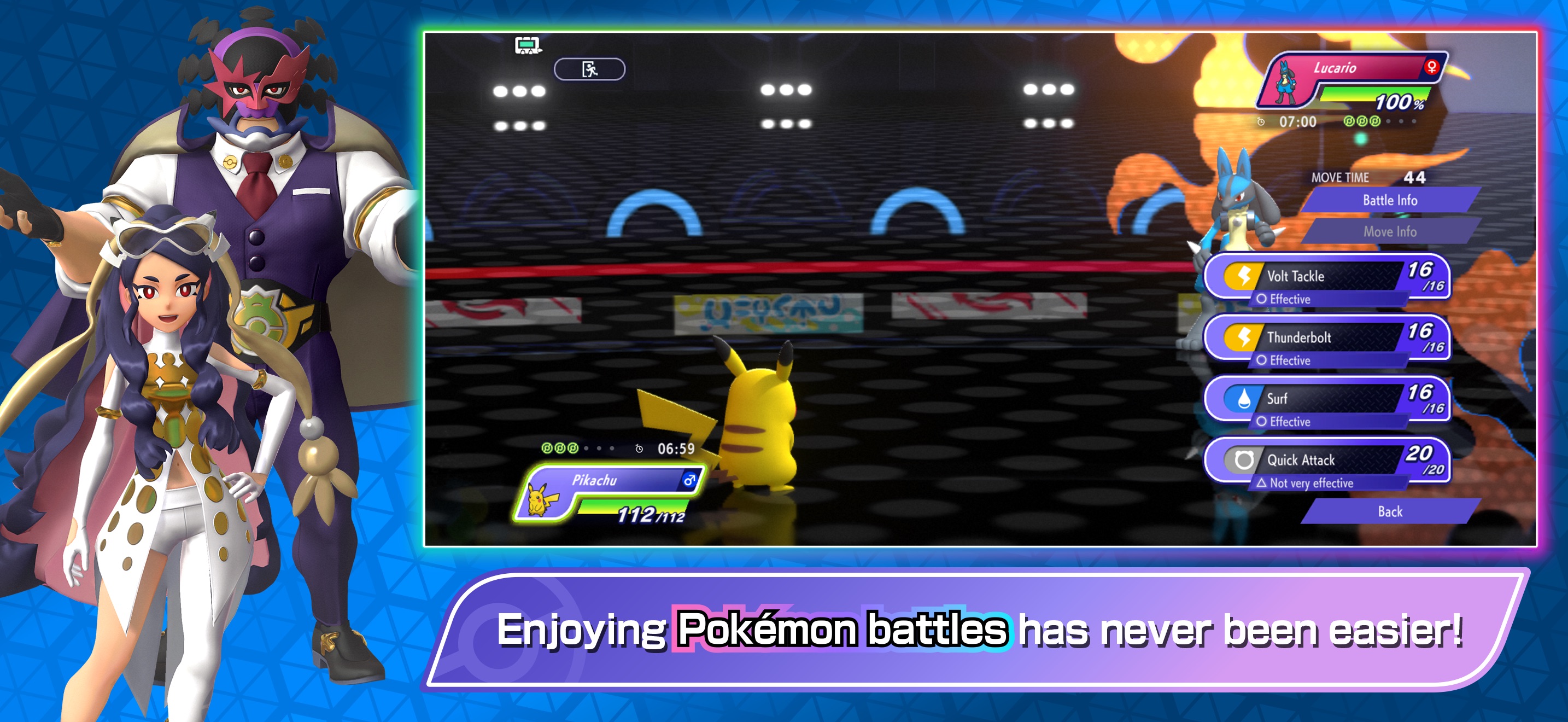 Pikachu choosing a move against Lucario in Pokémon Champions