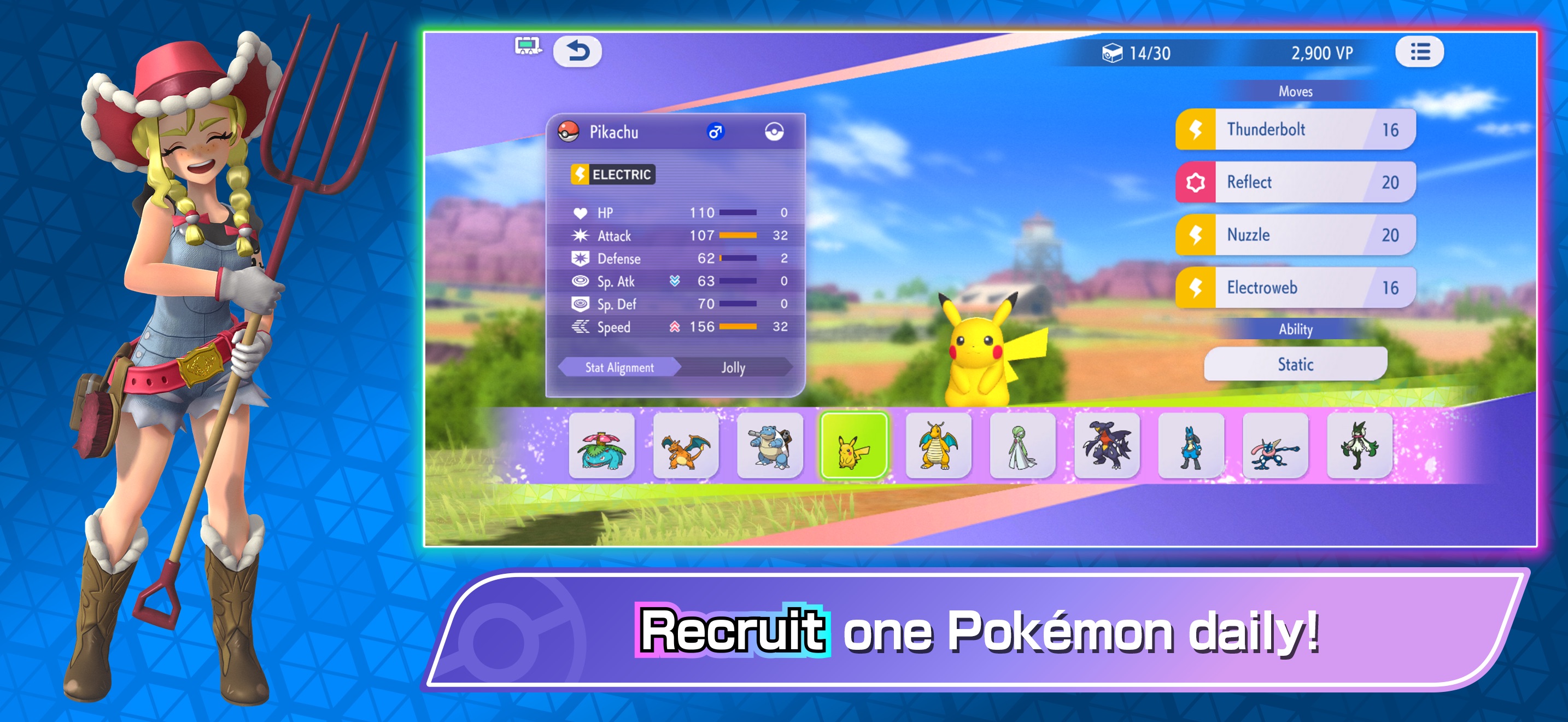 Pokémon Champions roster screen showing Pikachu moves and team members