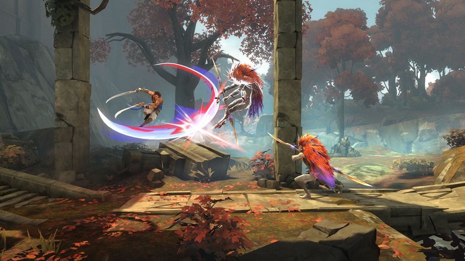 Sargon fighting warriors in the Hyrcanian Forest in Prince of Persia The Lost Crown
