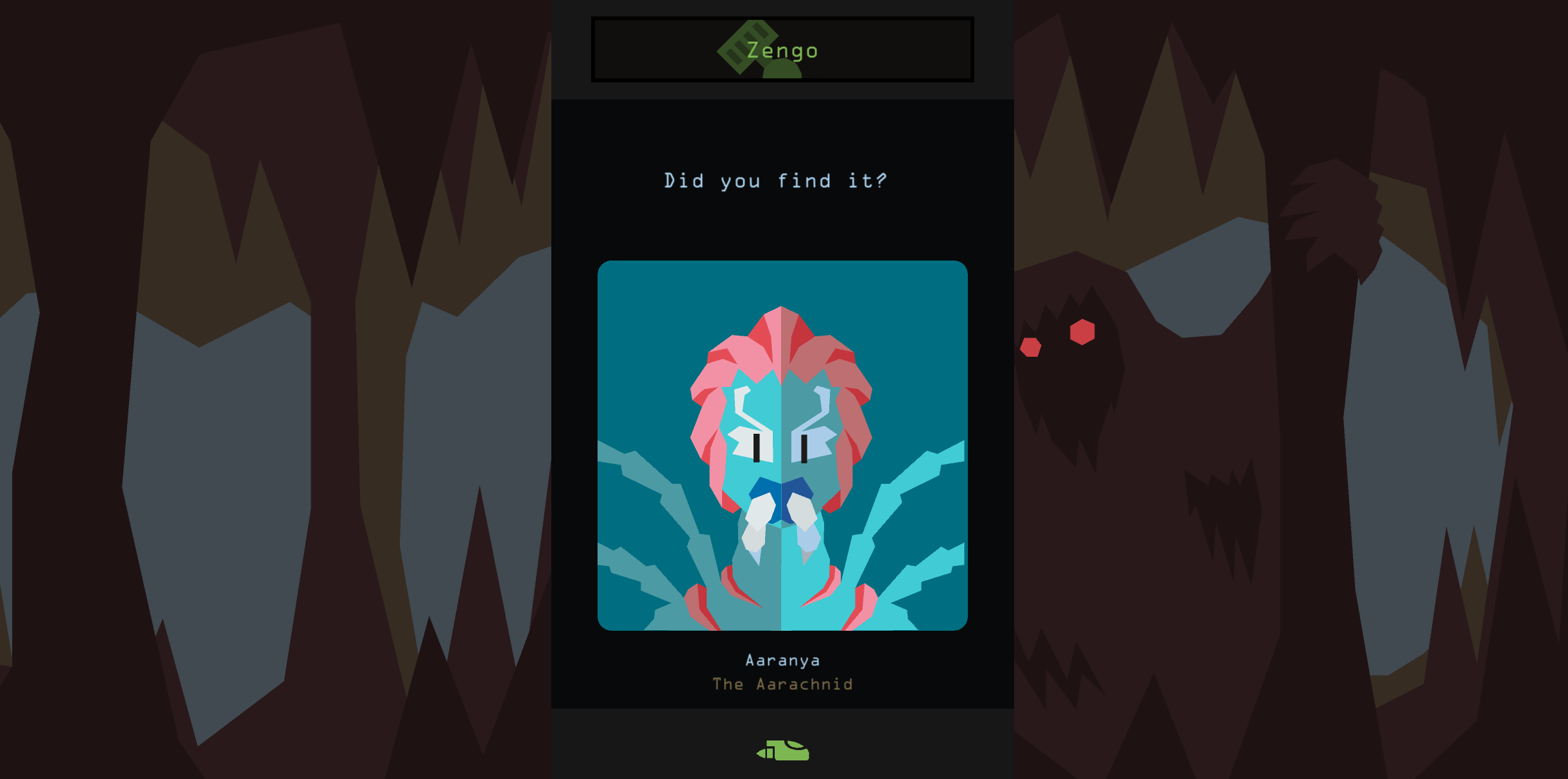 Reigns: Beyond decision card featuring Aaranya the Aarachnid inside a cave