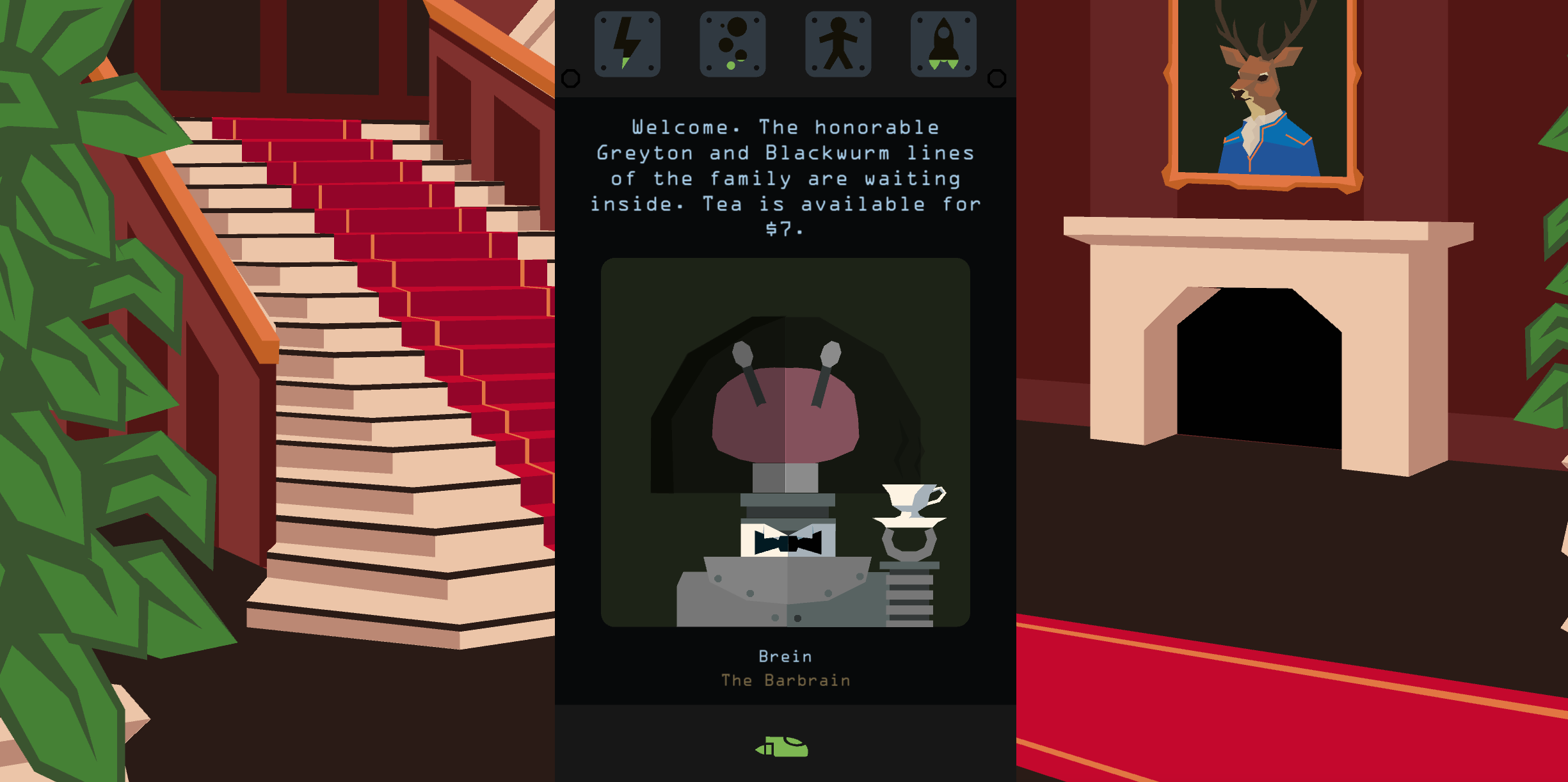 Reigns: Beyond decision card featuring Brein the Barbrain inside an ornate estate