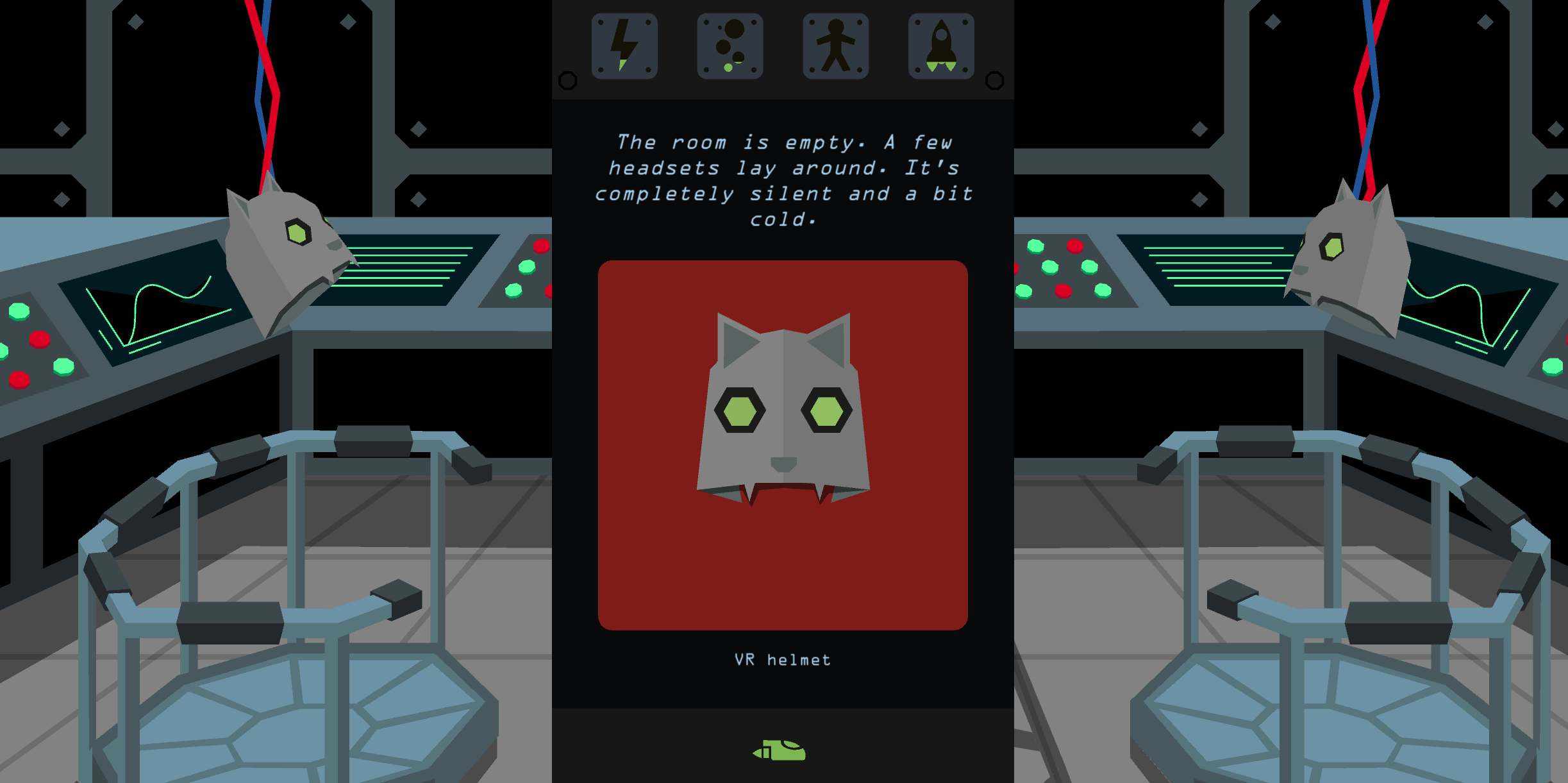 Reigns: Beyond VR helmet decision card on an empty spaceship bridge