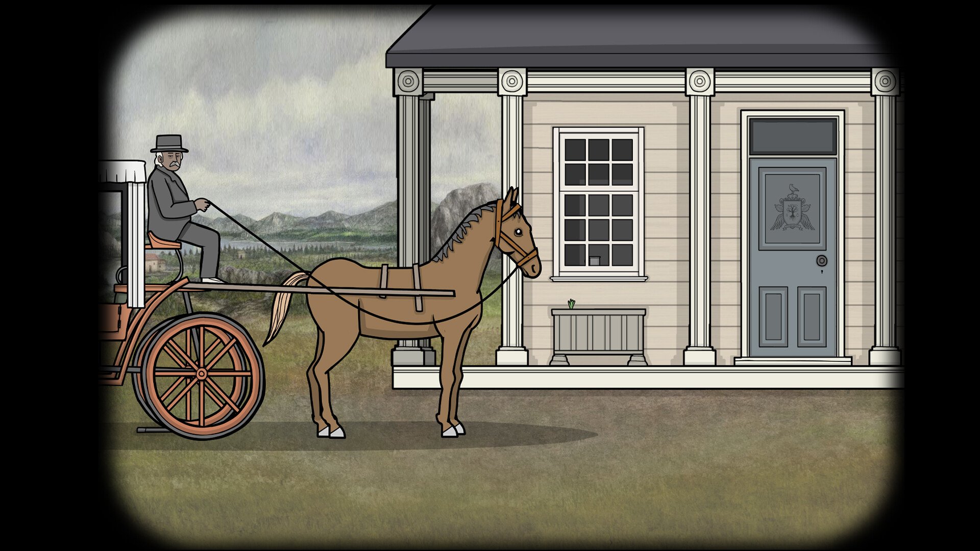 A horse-drawn carriage waiting outside the Vanderboom house