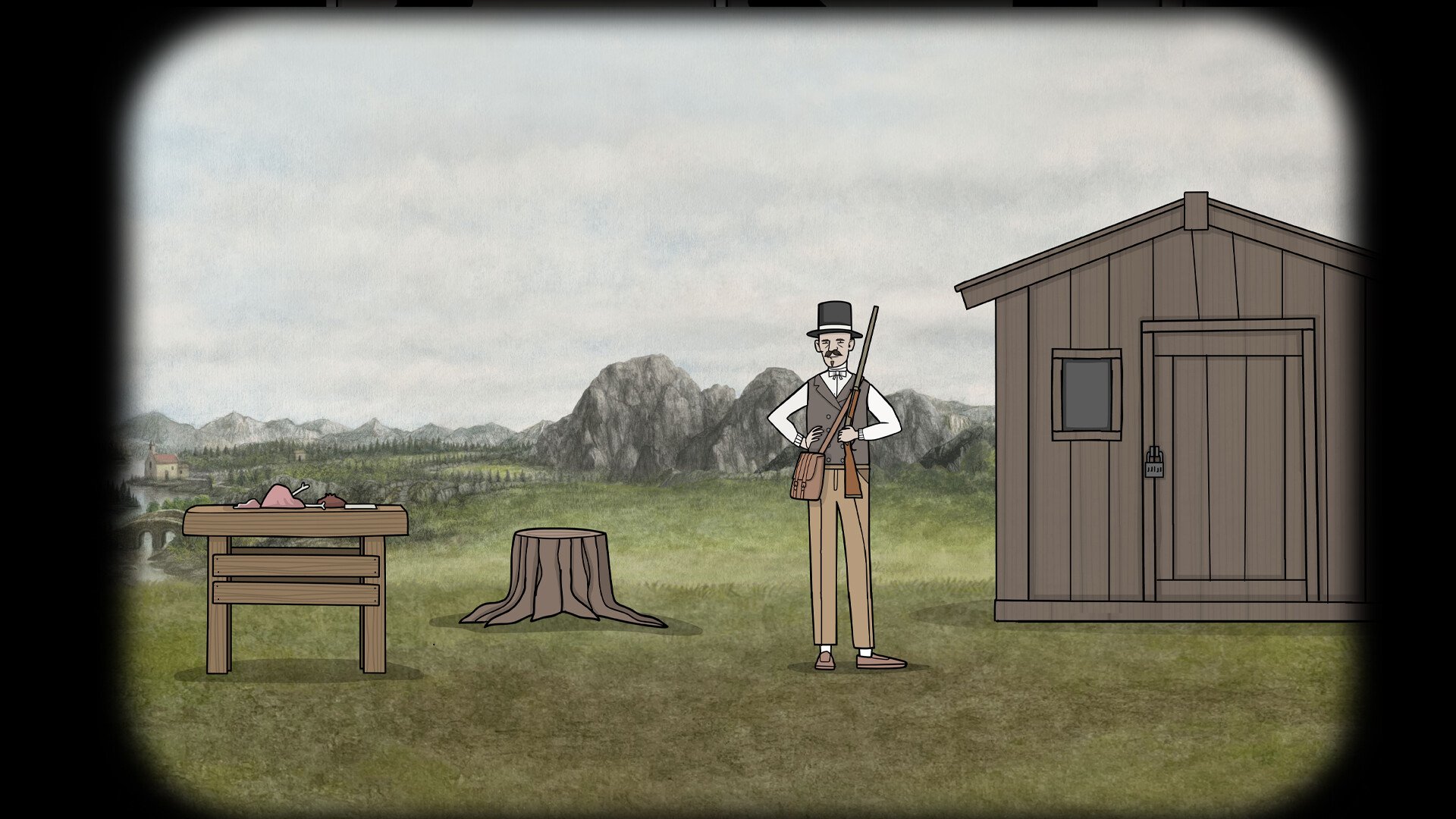A Vanderboom family member holding a rifle beside a locked shed