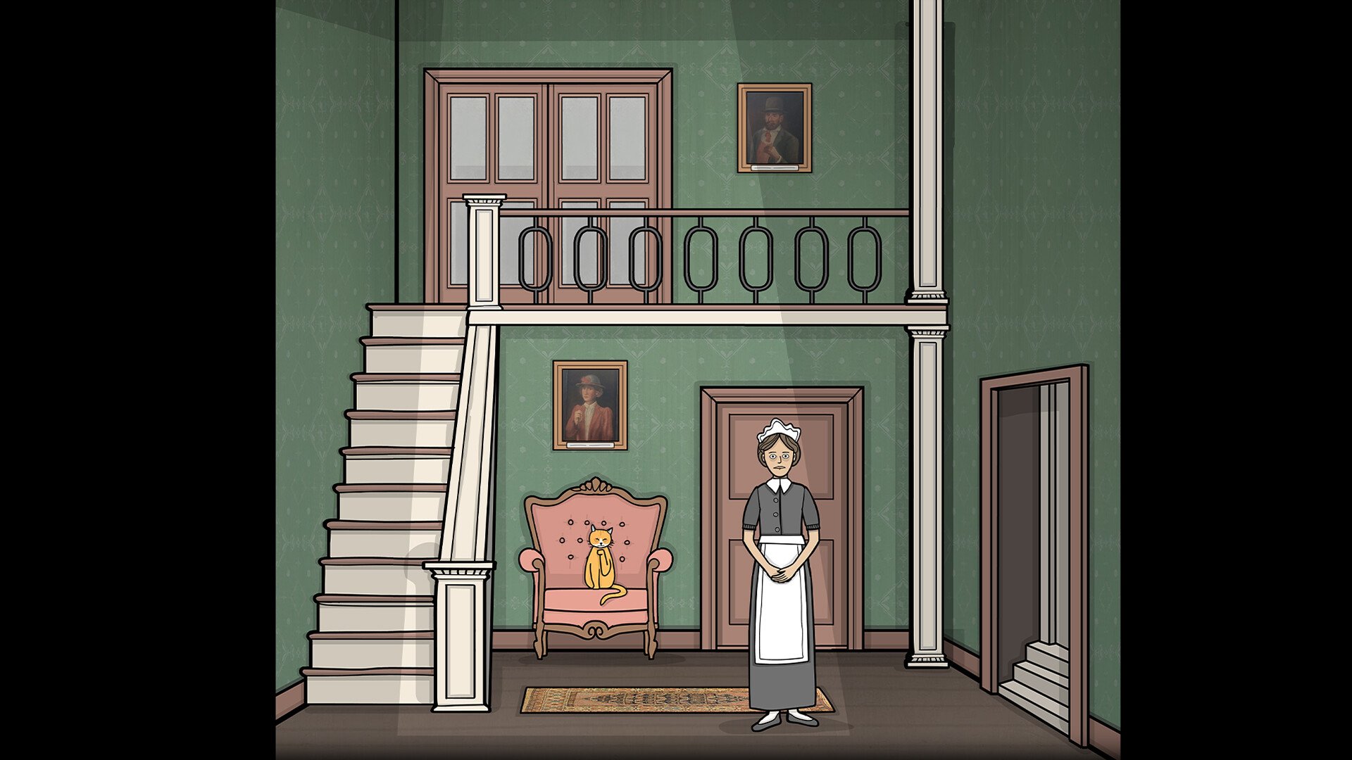 The servant standing in the green entrance hall of the Vanderboom estate beside a cat